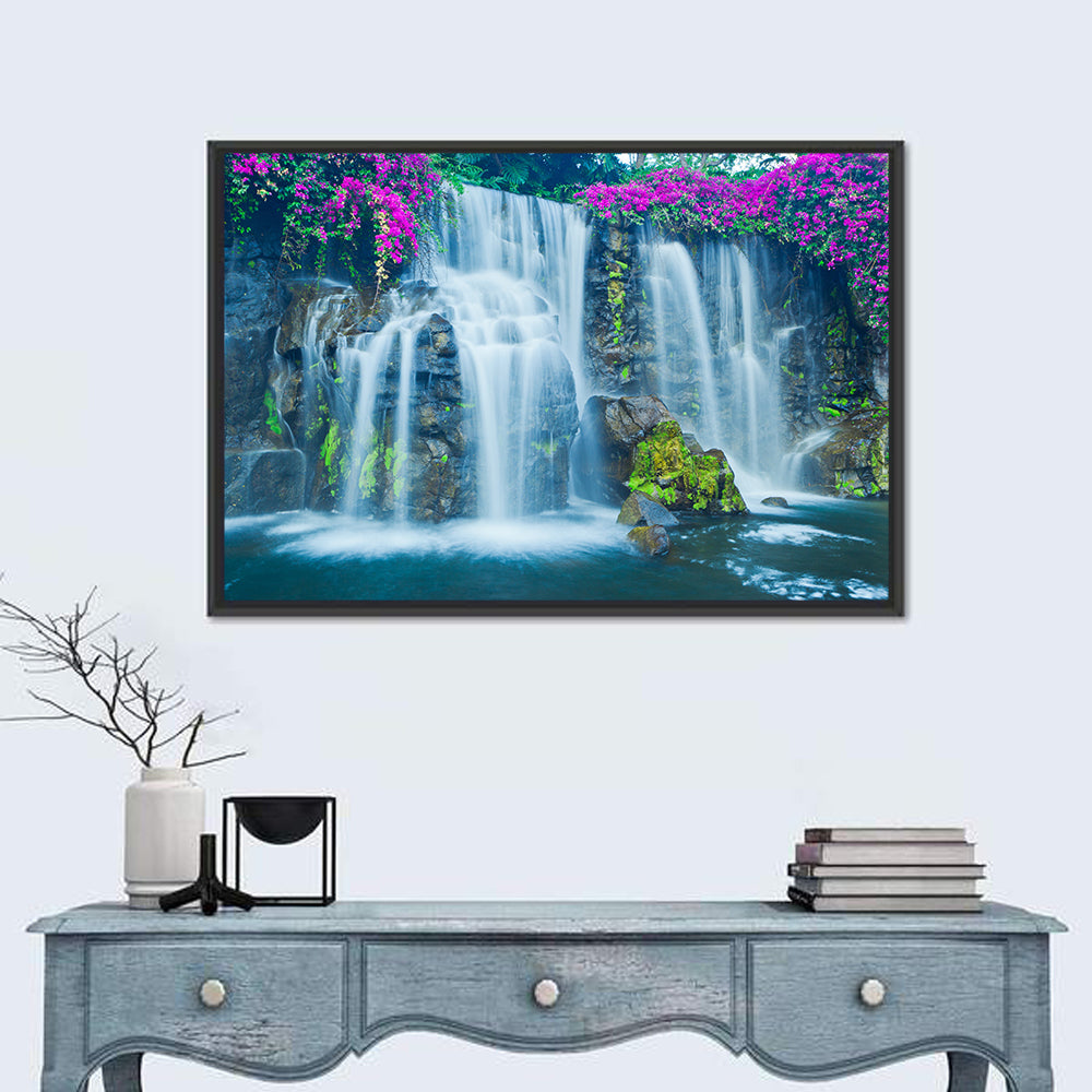 Hawaiian Blue Waterfall Scene Wall Art in a room, landscape