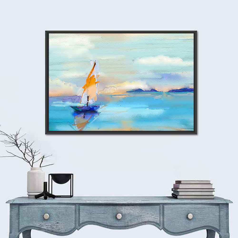 Vibrant Orange Sailboat Seascape Wall Art in a room, landscape