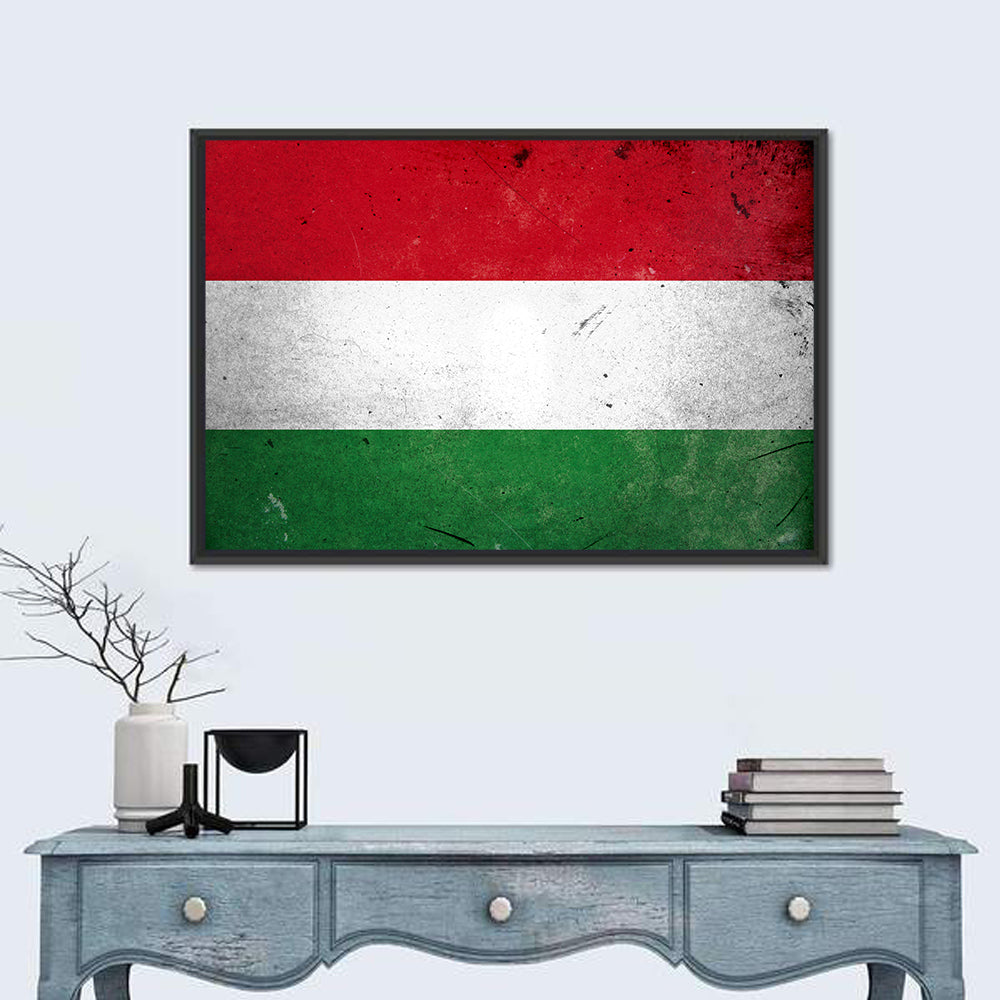Vintage Hungarian Flag Wall Art in a room, landscape