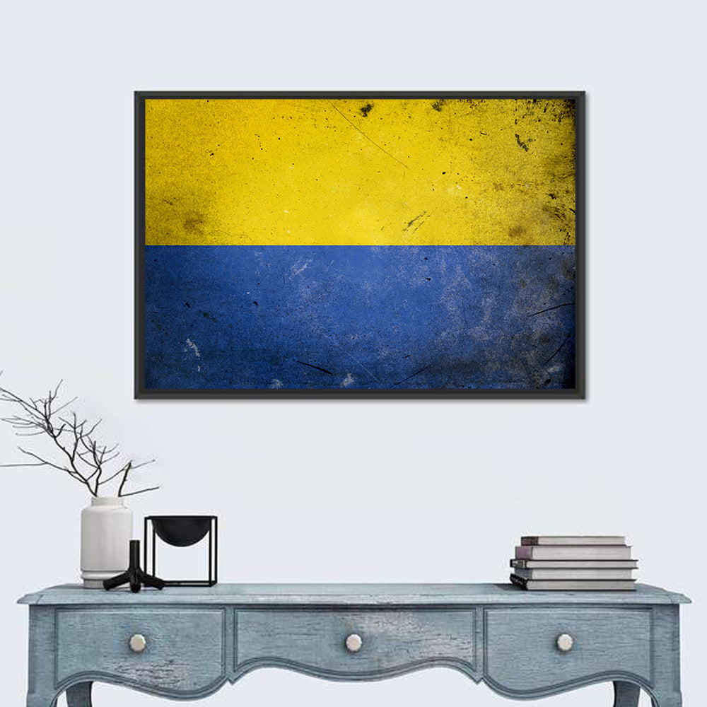 Distressed Ukraine Flag Wall Art in a room, landscape