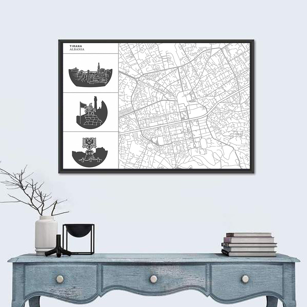 Tirana Street Map with Icons Wall Art in a room, landscape