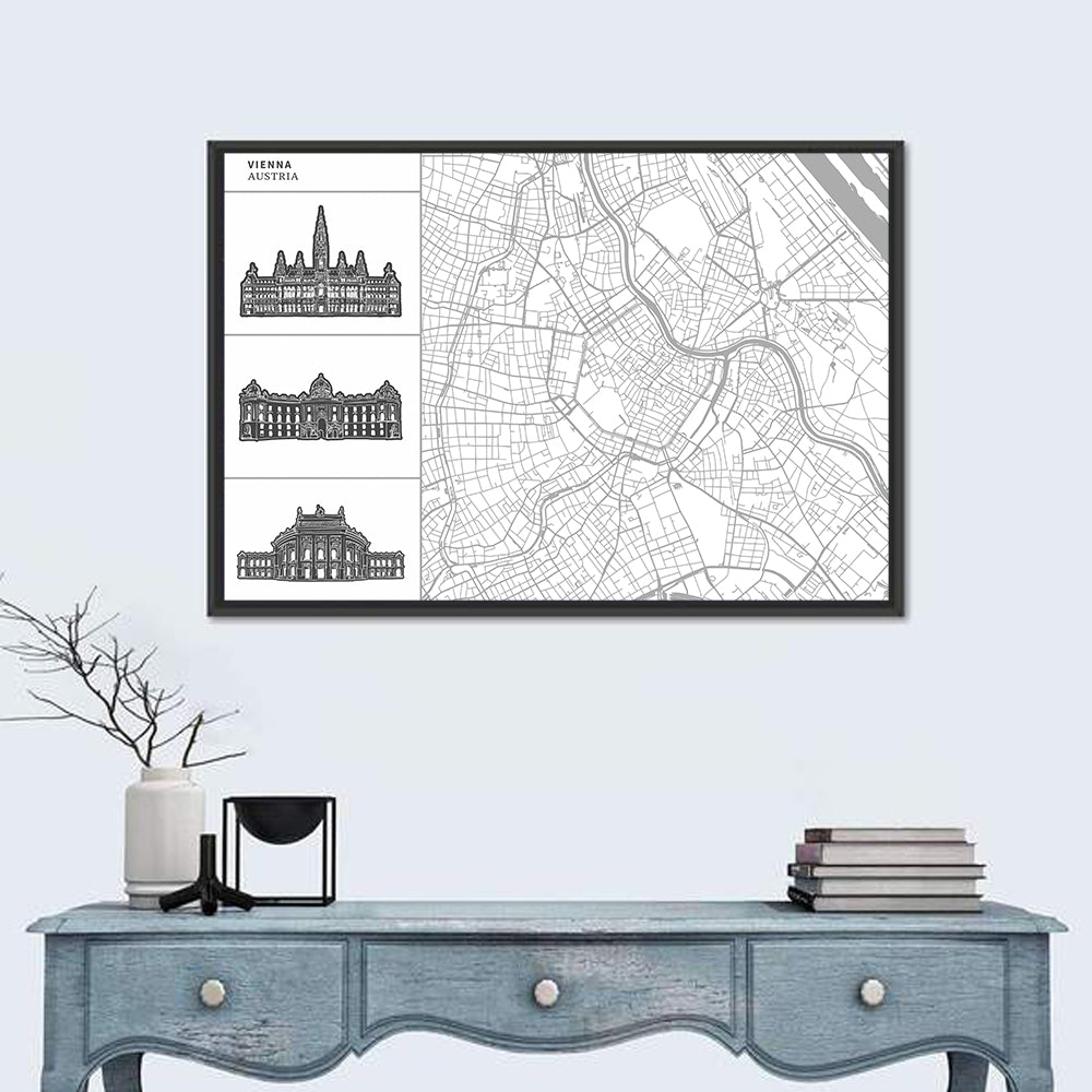 Vienna Map with Landmark Silhouettes Wall Art in a room, landscape