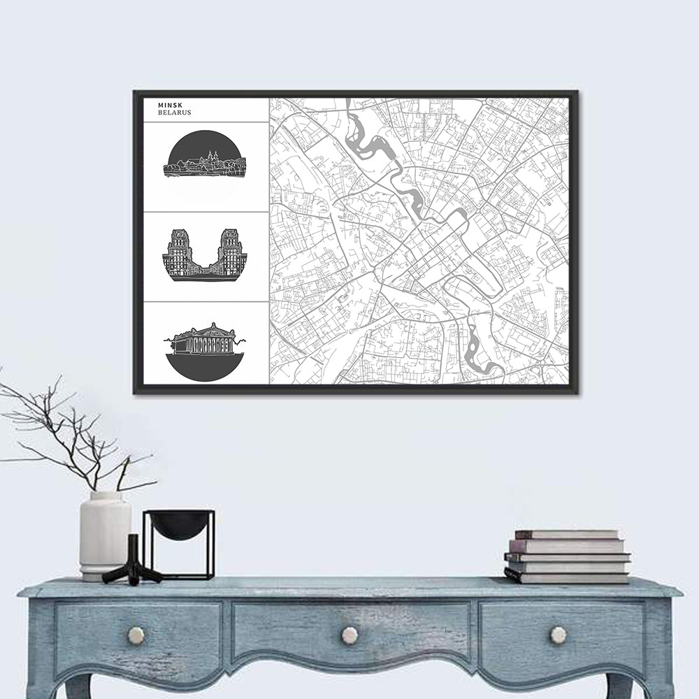 Minsk Map with Architectural Vignettes Wall Art in a room, landscape