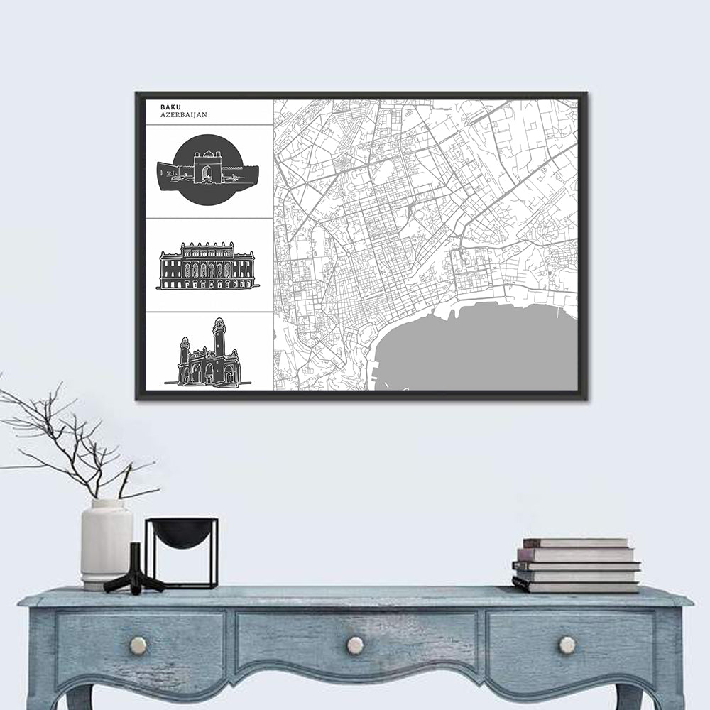 Baku Minimalist City Map Wall Art in a room, landscape
