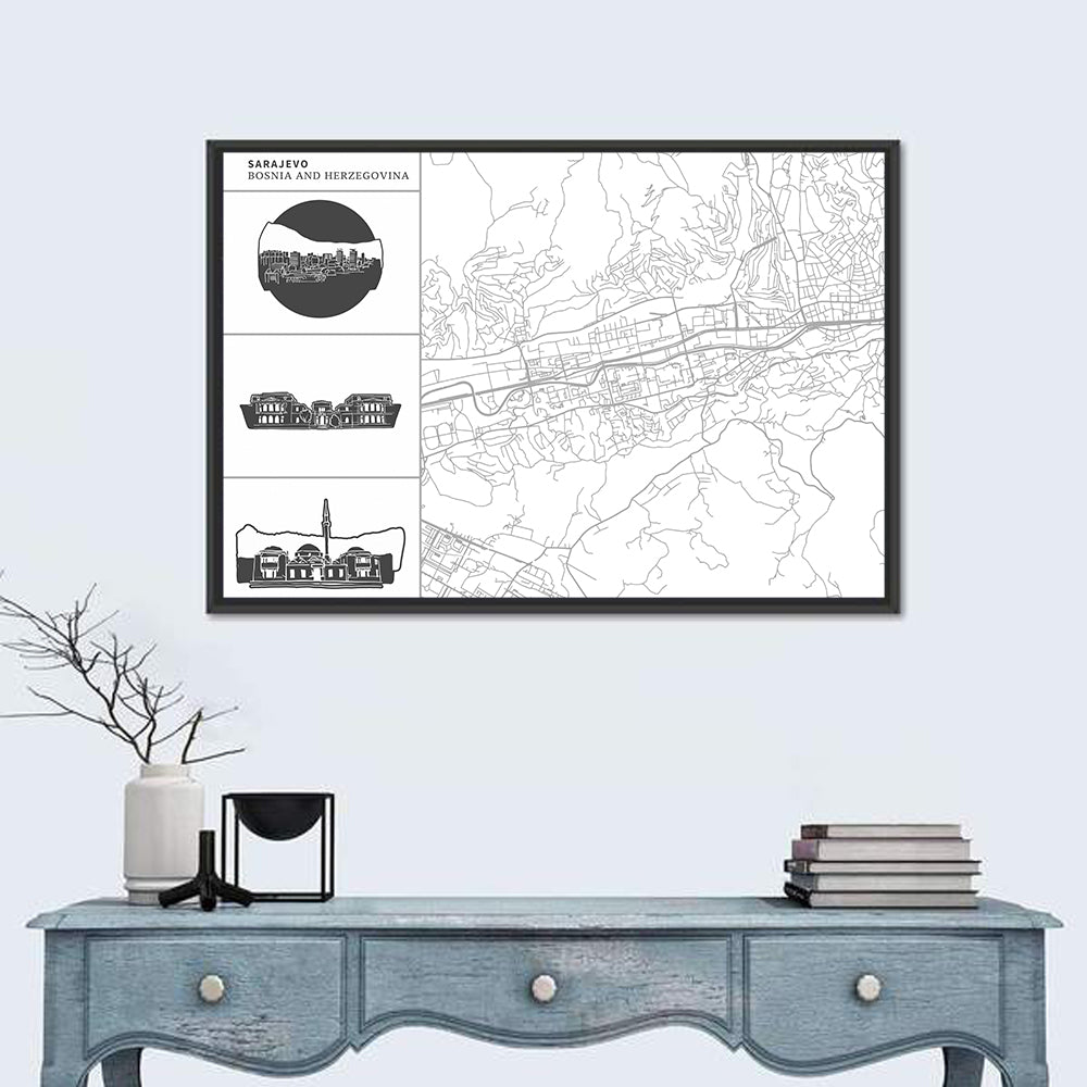 Sarajevo Line Map Wall Art in a room, landscape