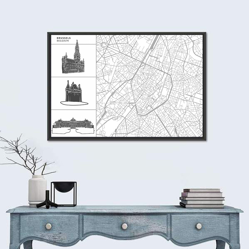 Brussels Map with Architectural Icons Wall Art in a room, landscape