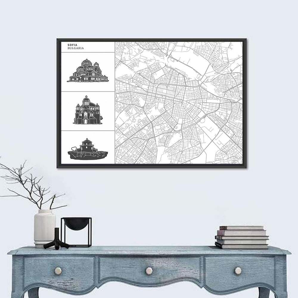 Sofia Map with Cathedral Illustrations Wall Art