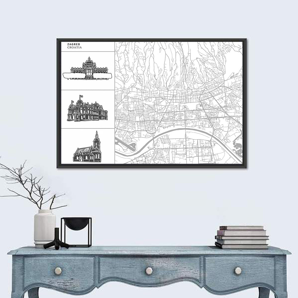 Zagreb Architectural Map Wall Art in a room, landscape