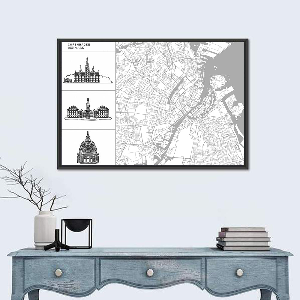 Copenhagen Map with Architectural Silhouettes Wall Art