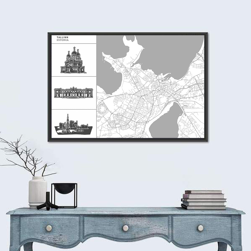 Tallinn Map with Cathedral and Palace Wall Art in a room, landscape