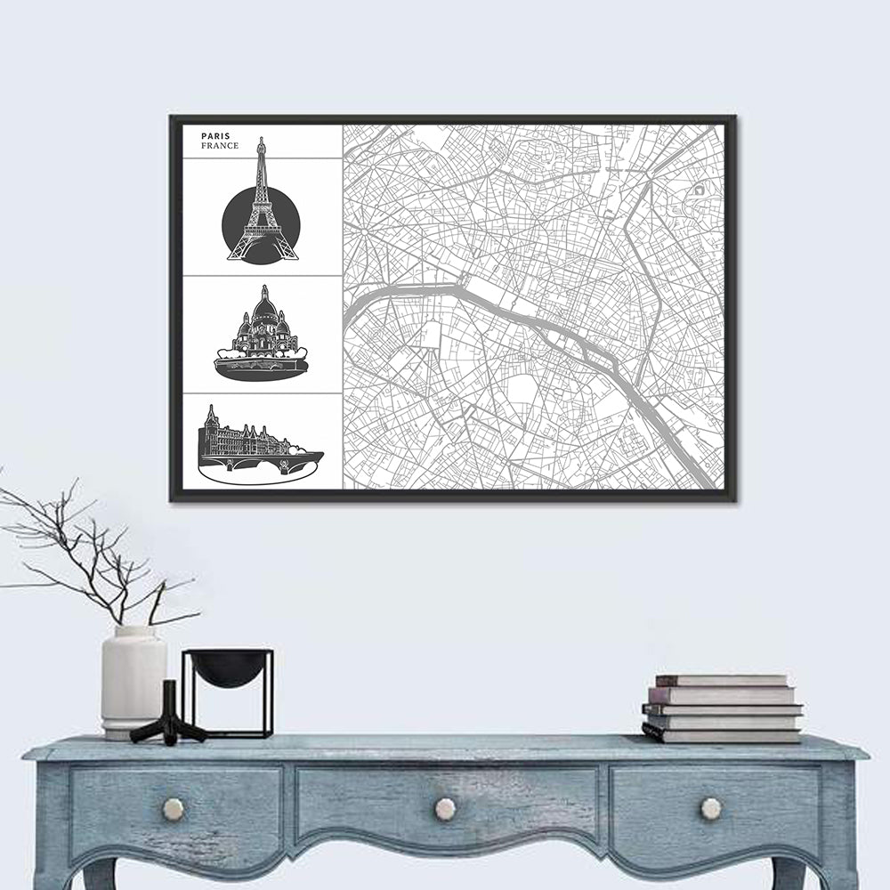 Paris Architectural Map Grid Wall Art in a room, landscape