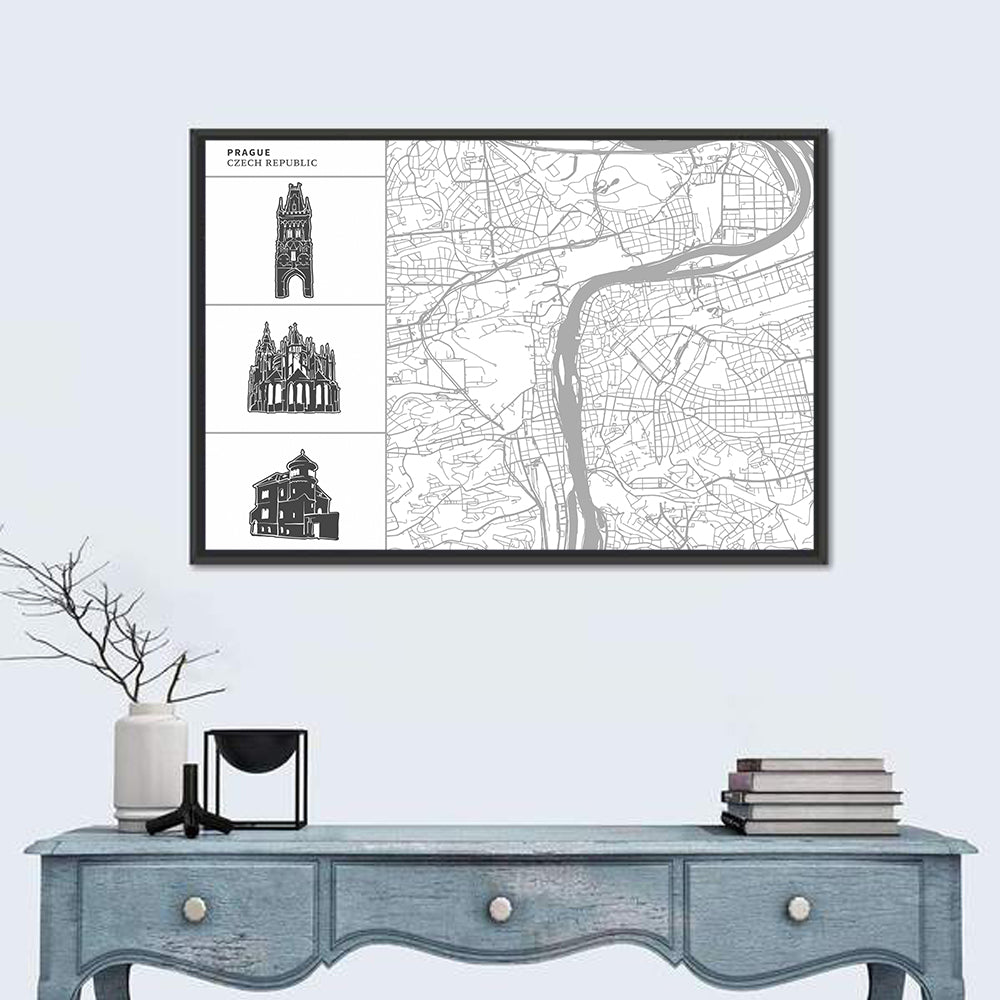 Prague City Map with Architectural Silhouettes Wall Art in a room, landscape