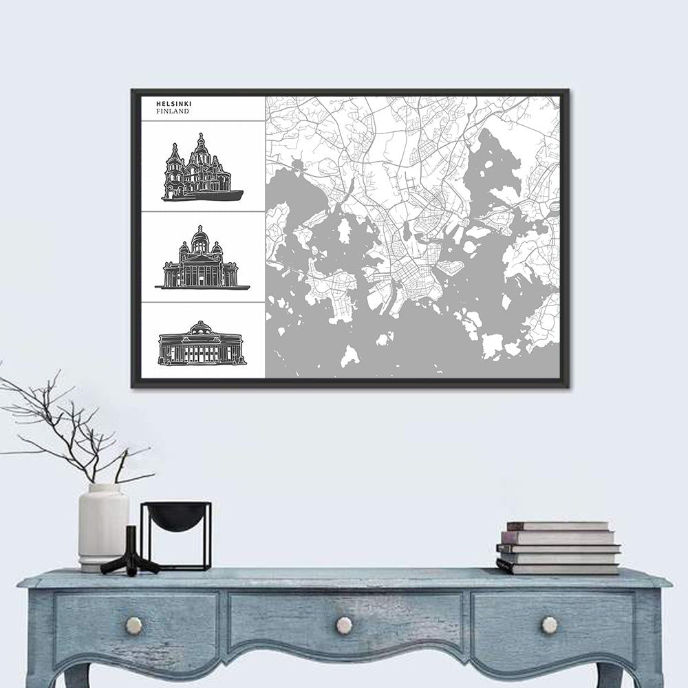 Helsinki Architectural Map Wall Art in a room, landscape