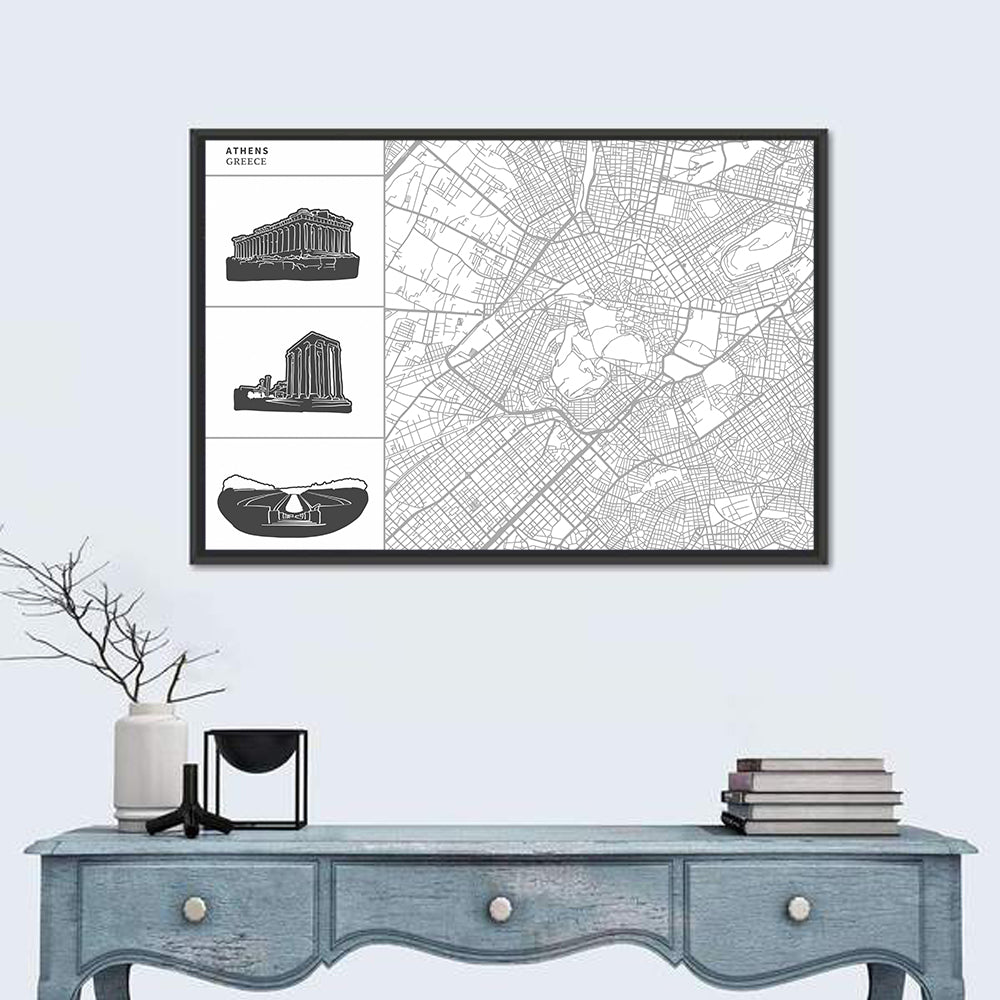 Athens Map with Parthenon Icons Wall Art in a room, landscape
