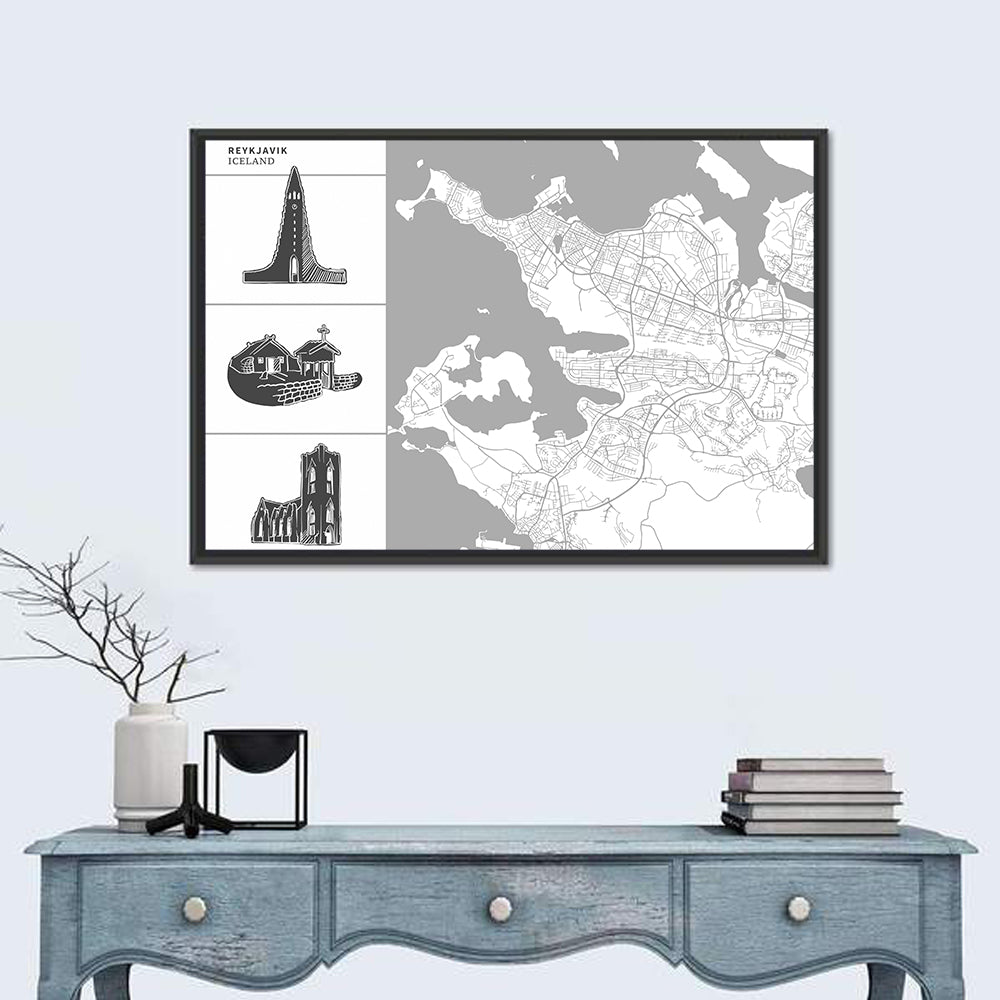 Reykjavik Map with Hallgrimskirkja Wall Art in a room, landscape