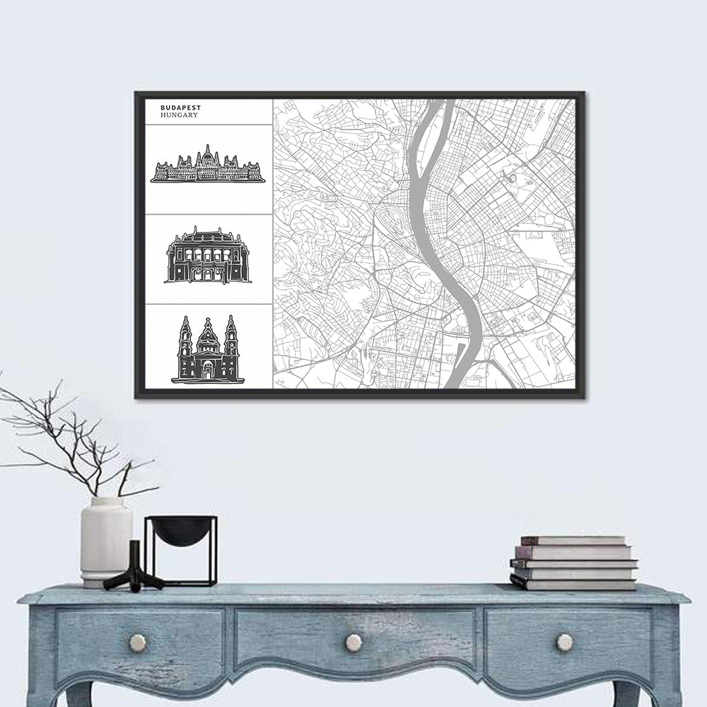 Budapest Map with Landmark Silhouettes Wall Art