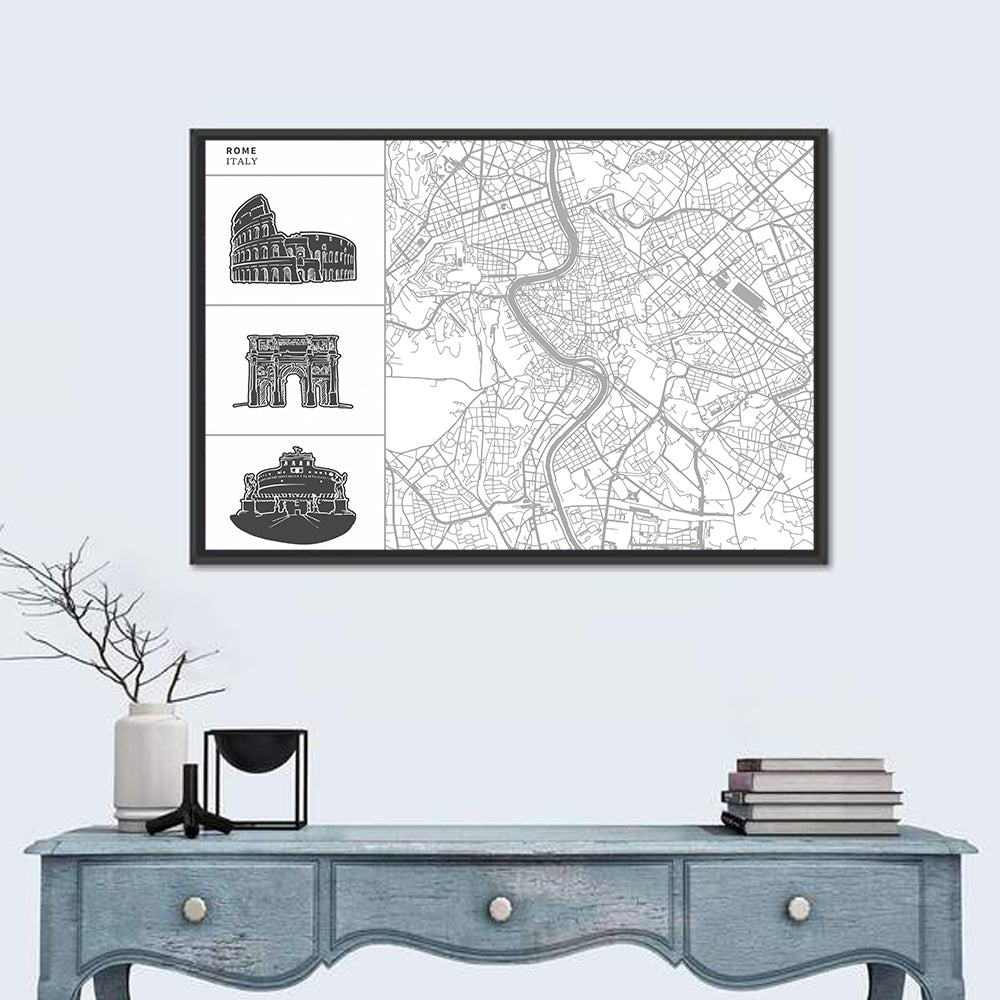Rome Map with Landmark Sketches Wall Art in a room, landscape
