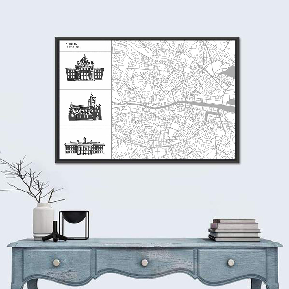 Dublin Map with Architectural Silhouettes Wall Art in a room, landscape