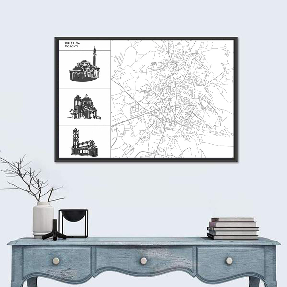 Pristina City Map Illustration Wall Art in a room, landscape