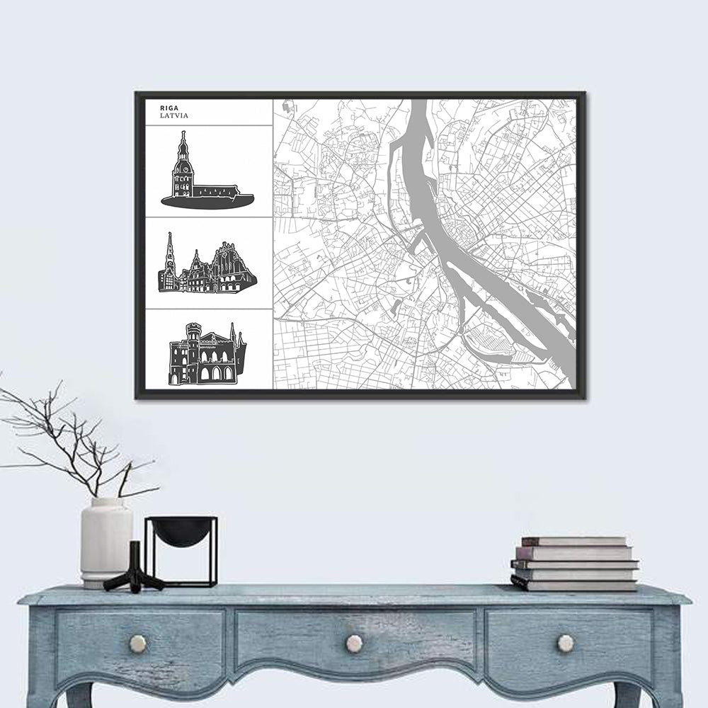 Riga Map with Cathedral Silhouettes Wall Art in a room, landscape