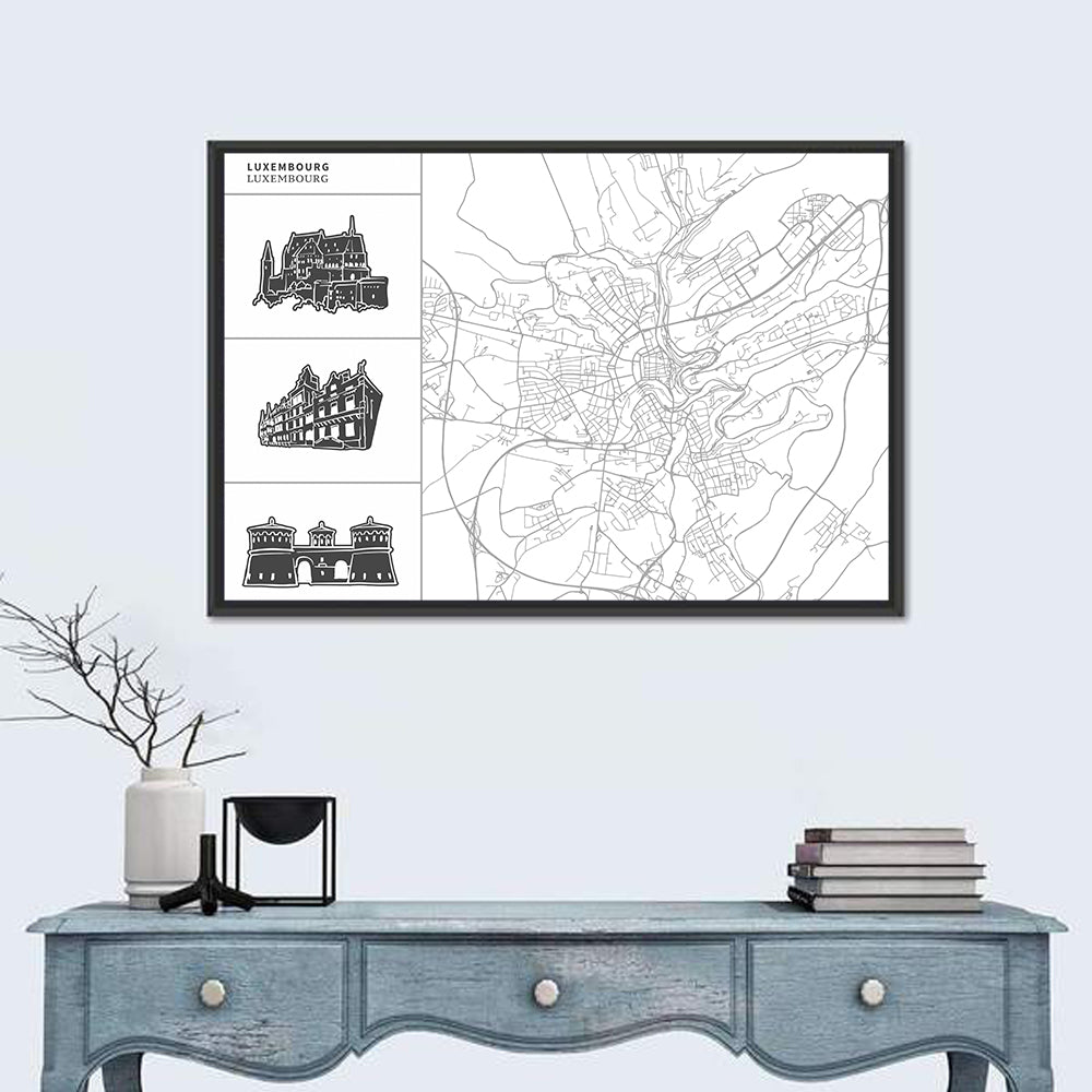 Luxembourg City Map with Landmark Sketches Wall Art in a room, landscape