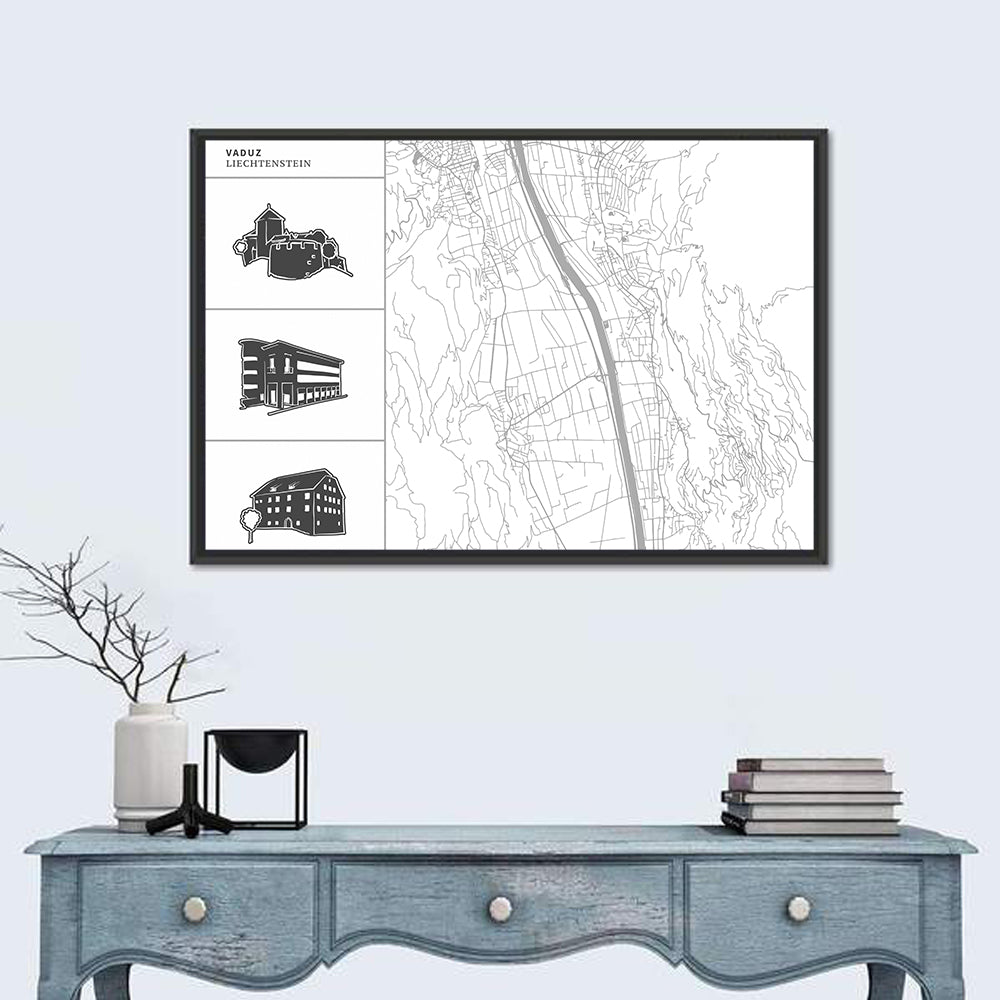 Vaduz Map with Castle Wall Art in a room, landscape