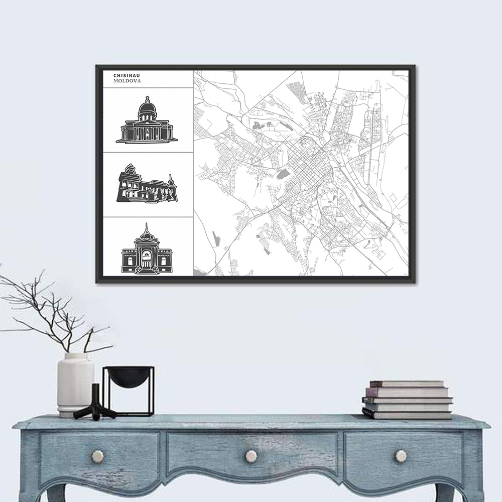 Chisinau Map with Architectural Sidebar Wall Art in a room, landscape