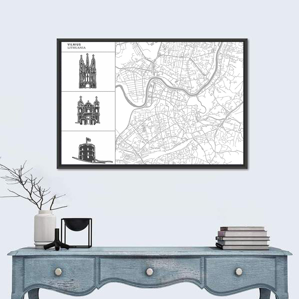 Vilnius Map with Architectural Sketches Wall Art in a room, landscape