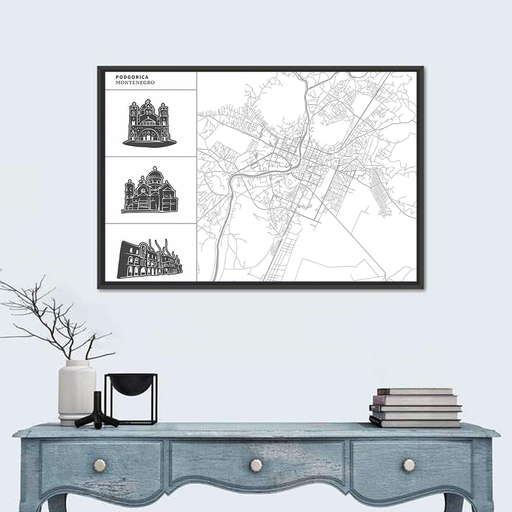 Podgorica Architectural City Map Wall Art in a room, landscape