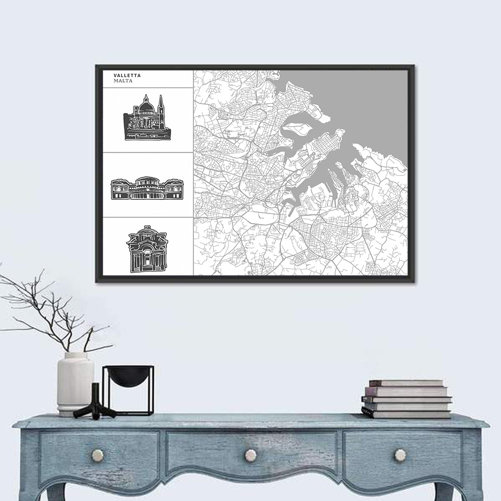 Valletta Street Map with Landmarks Wall Art in a room, landscape
