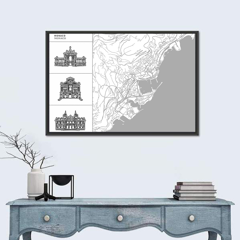Monaco Map with Architectural Icons Wall Art in a room, landscape
