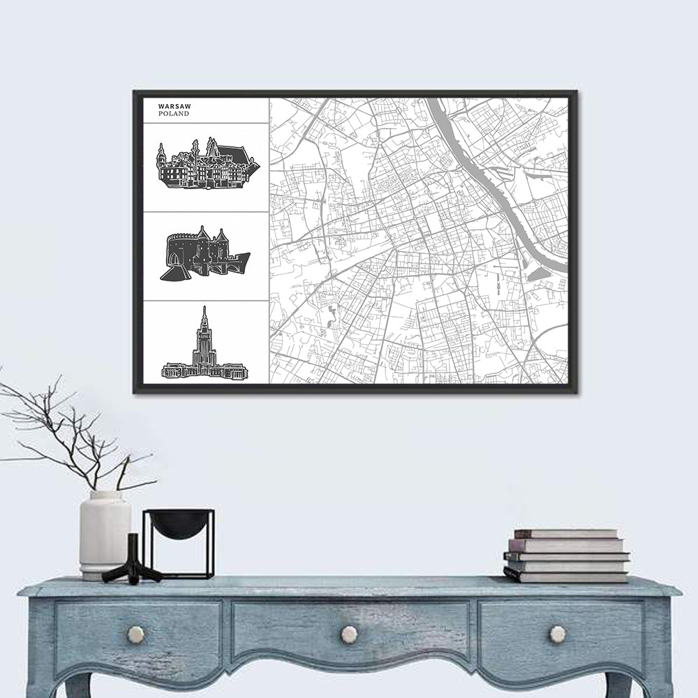 Warsaw Map with Skyline Silhouettes Wall Art in a room, landscape