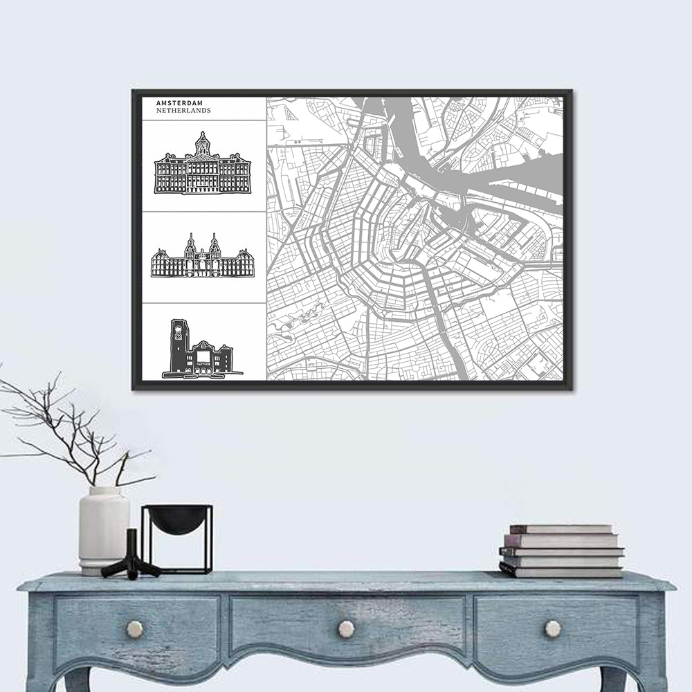 Amsterdam Map Line Wall Art in a room, landscape