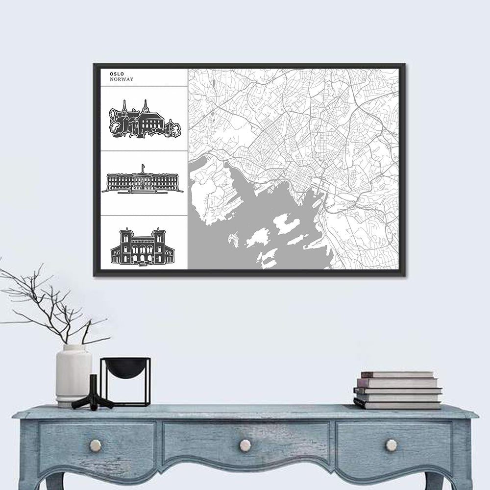 Oslo Map with Harbor Illustrations Wall Art
