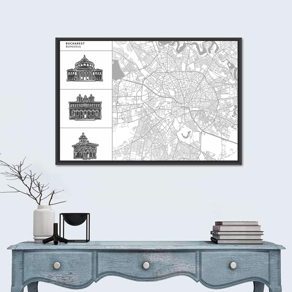 Bucharest City Map with Architectural Sidebar Wall Art in a room, landscape