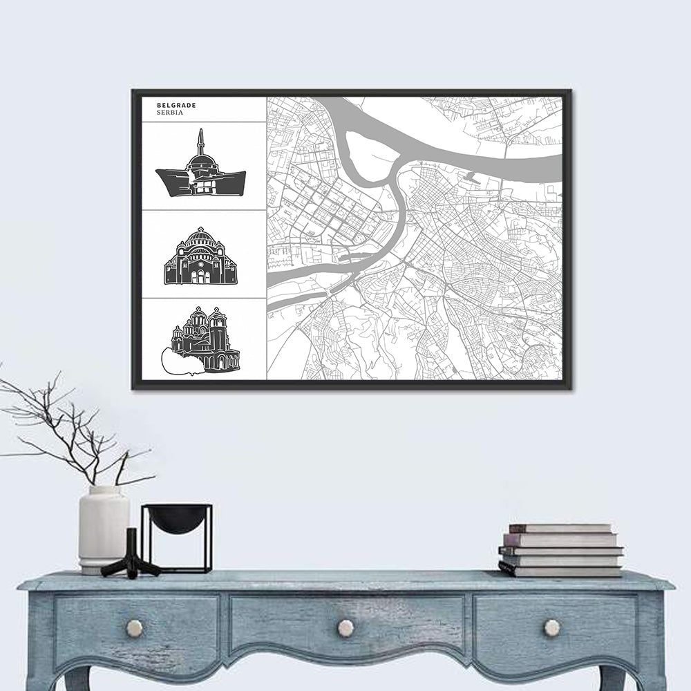 Belgrade Riverfront Map Wall Art in a room, landscape