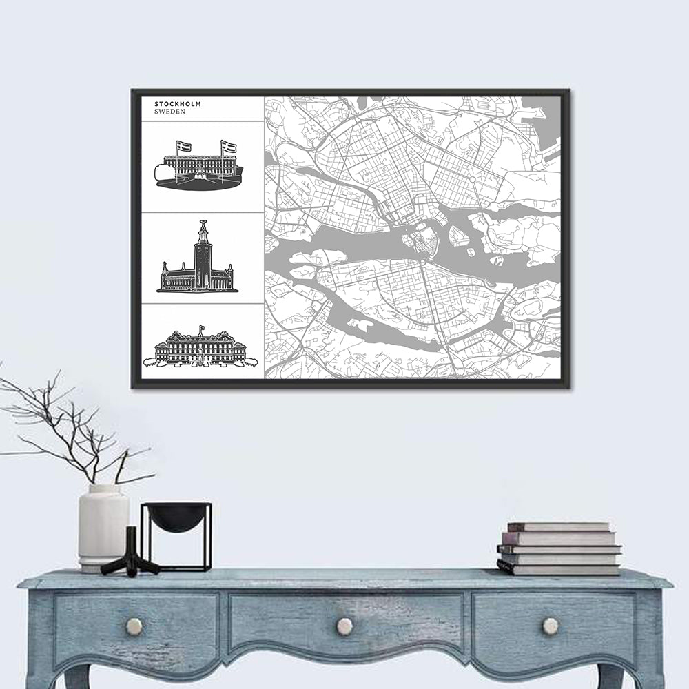 Stockholm Map with Architectural Illustrations Wall Art