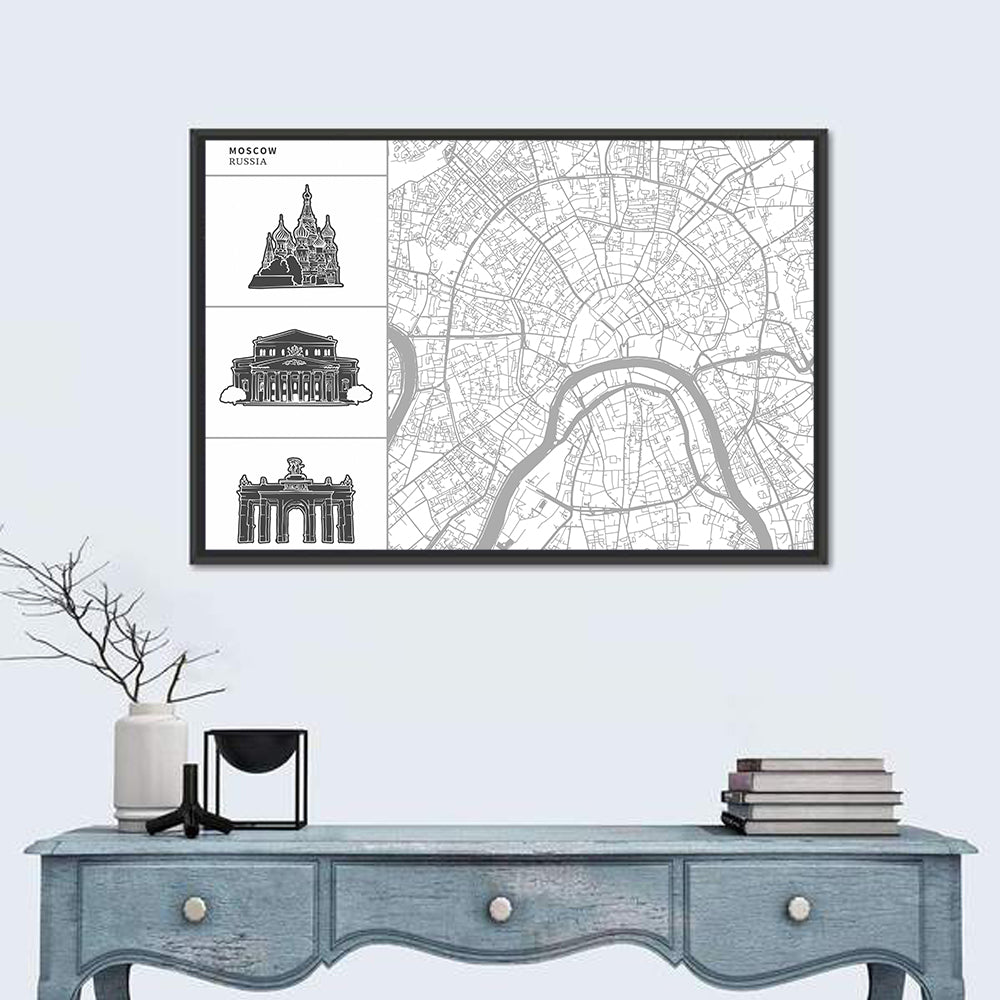 Moscow Map with Landmark Silhouettes Wall Art