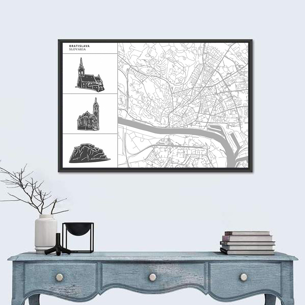 Bratislava Map with Castle and Cathedral Silhouettes Wall Art in a room, landscape