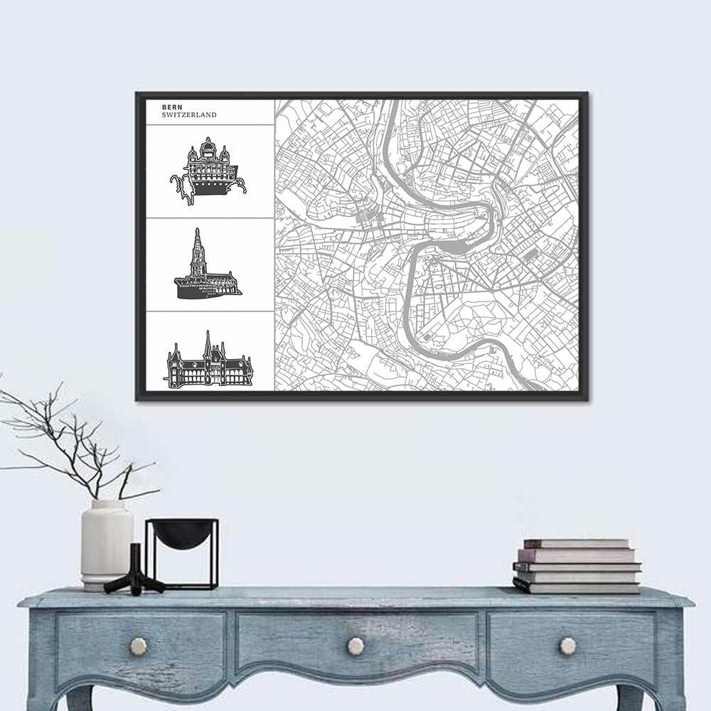 Bern Map and Skyline Wall Art in a room, landscape