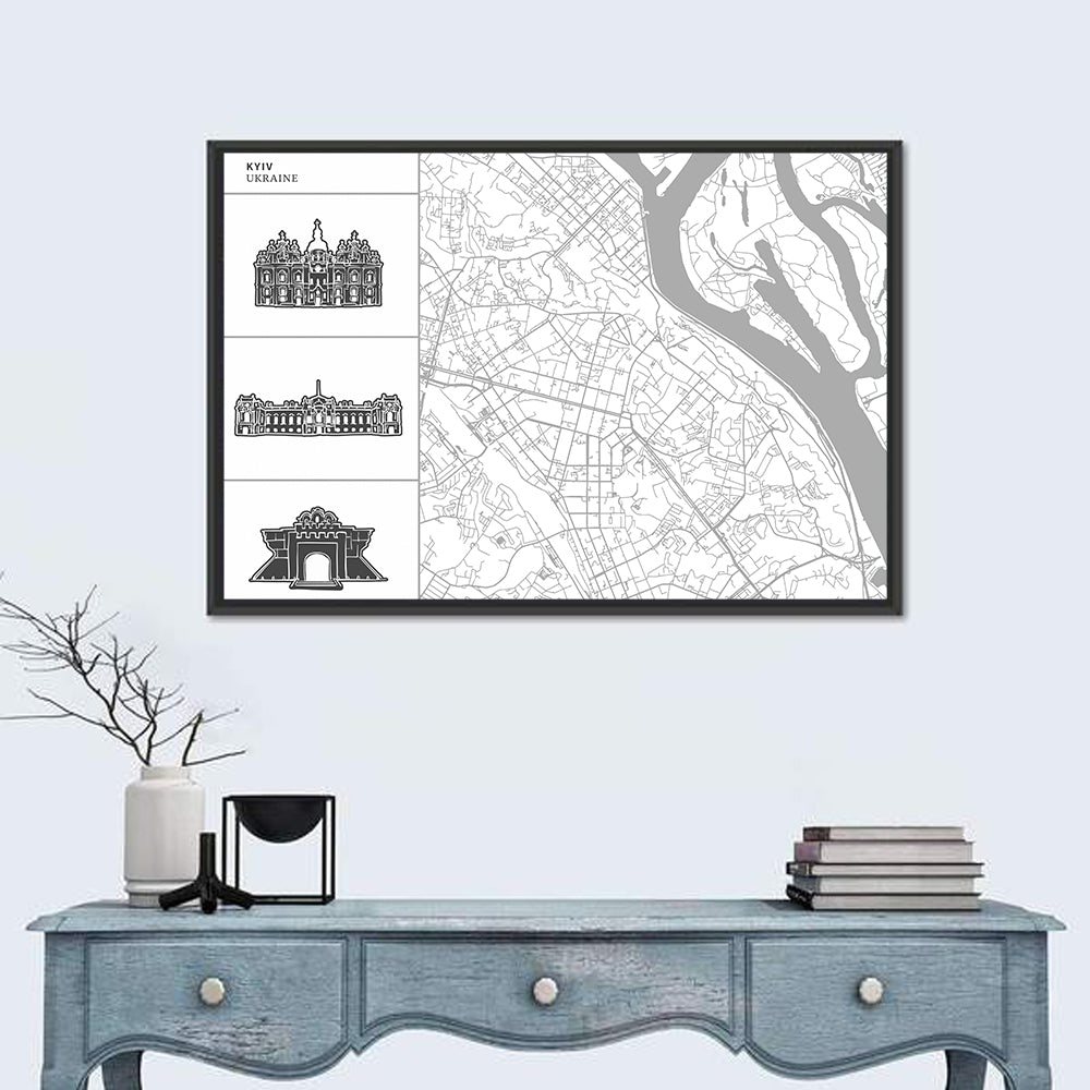 Kyiv Map with Cathedral Silhouettes Wall Art in a room, landscape