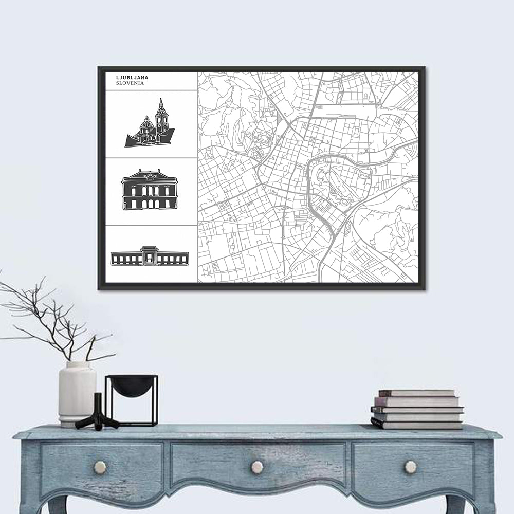 Ljubljana Map with Cathedral Silhouettes Wall Art in a room, landscape