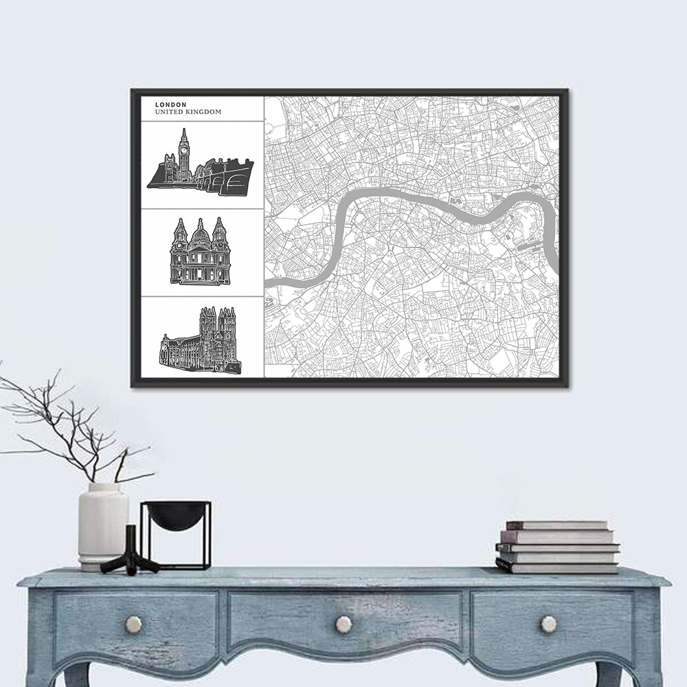 London Map with Landmark Silhouettes Wall Art