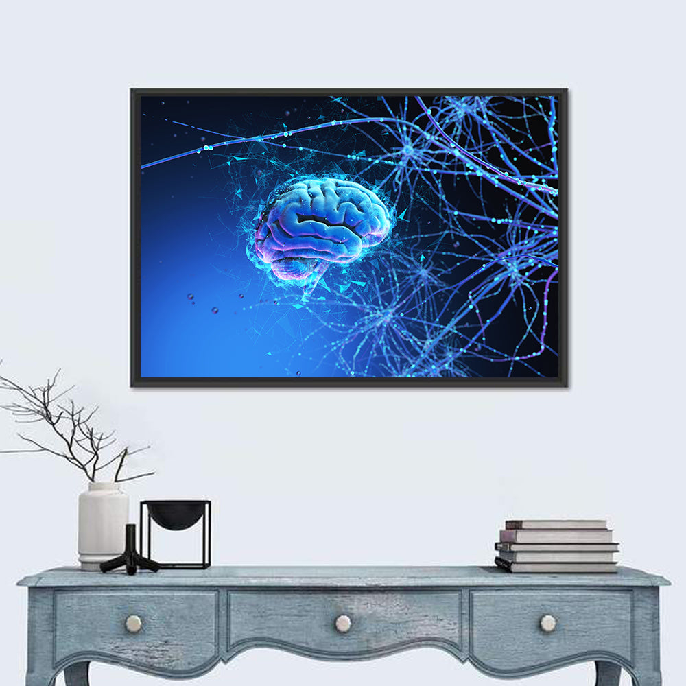 Blue 3d Neural Brain Wall Art in a room, landscape
