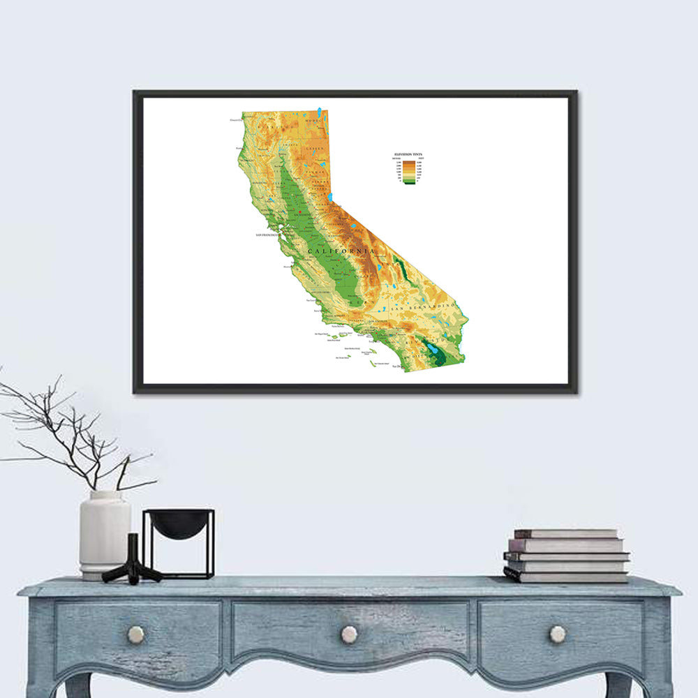 California Topographic Map Wall Art in a room, landscape
