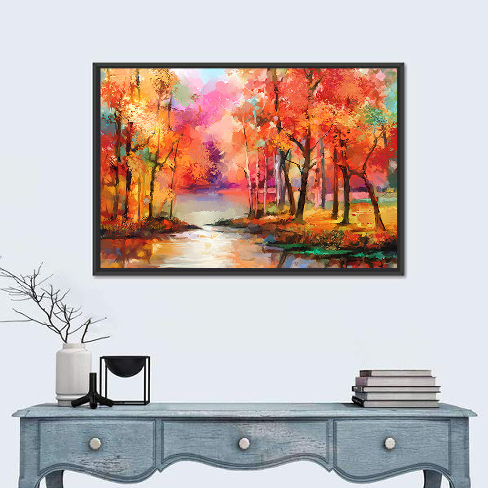 Autumn Lake Reflection Illustration Wall Art in a room, landscape