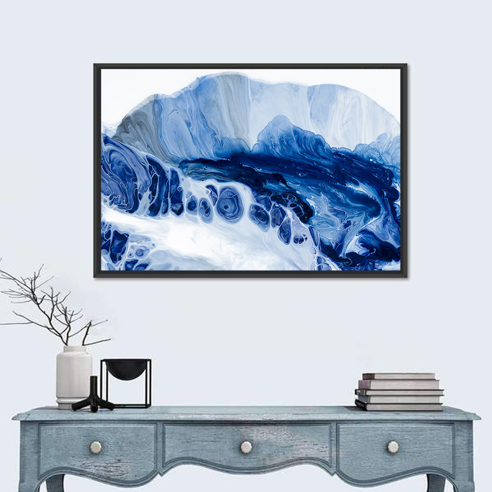 Blue Oil Marbled Swirl Wall Art in a room, landscape