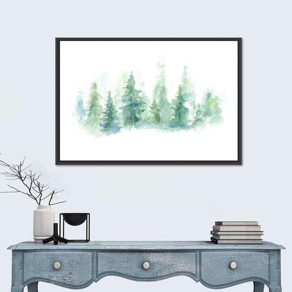 Misty Pine Forest Watercolor Wall Art in a room, landscape
