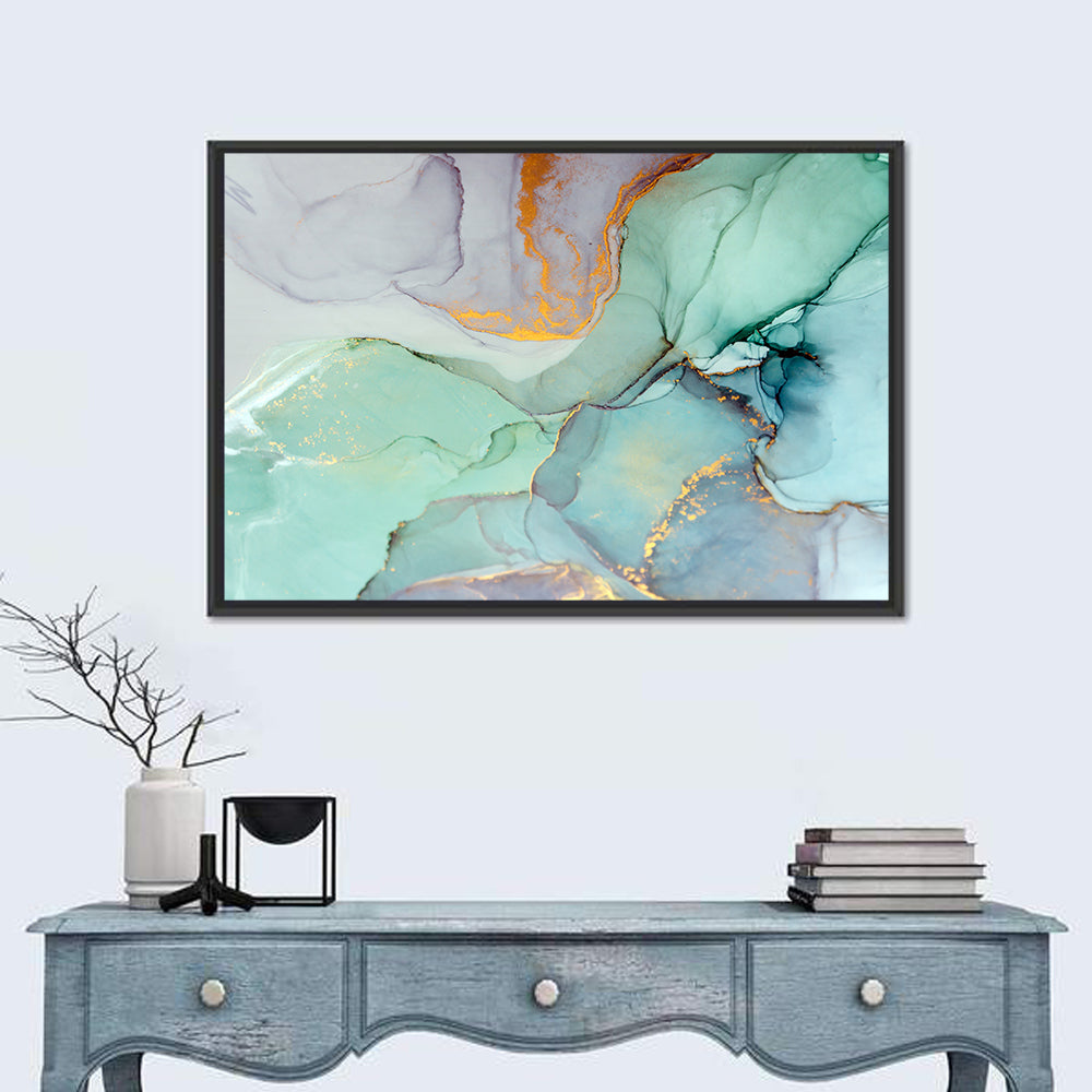 Teal Ink Marbling with Gold Veins Wall Art in a room, landscape