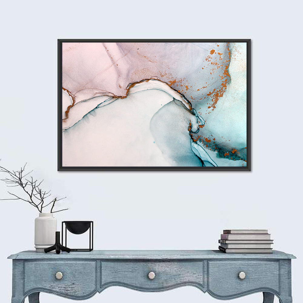 Blue Ink Wash with Gold Accents Wall Art in a room, landscape